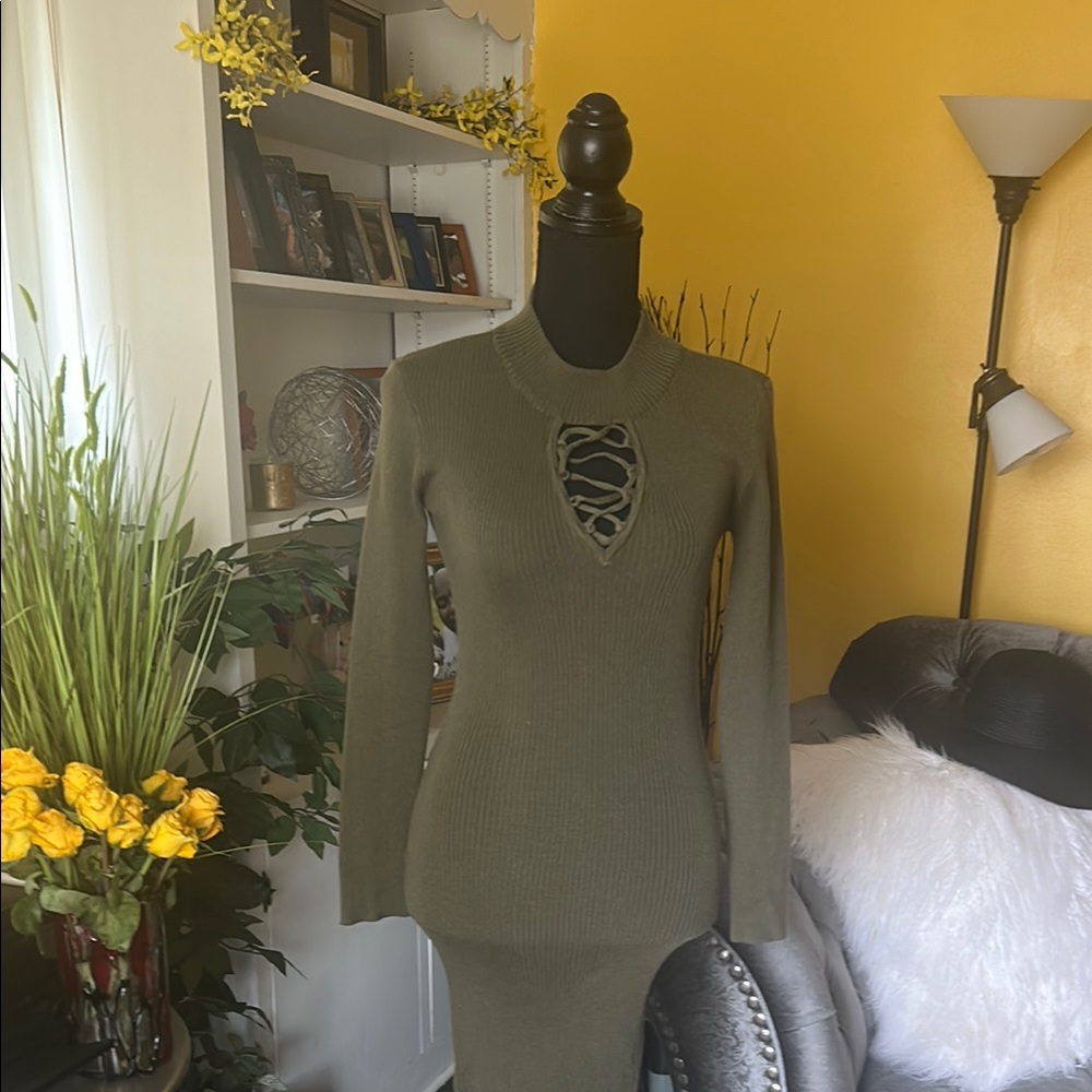 Olive Green Knit Dress with Lace-Up Detail